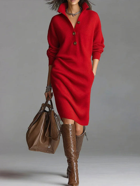 Women's button front sweater dress with collar, midi length, ribbed knit