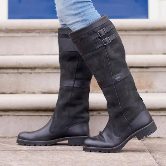 Knee high boots for women with double buckle straps, panelled upper and round toe