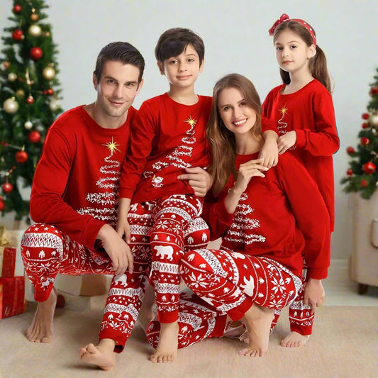 Christmas pajamas matching family set with tree graphic top and Nordic print pants