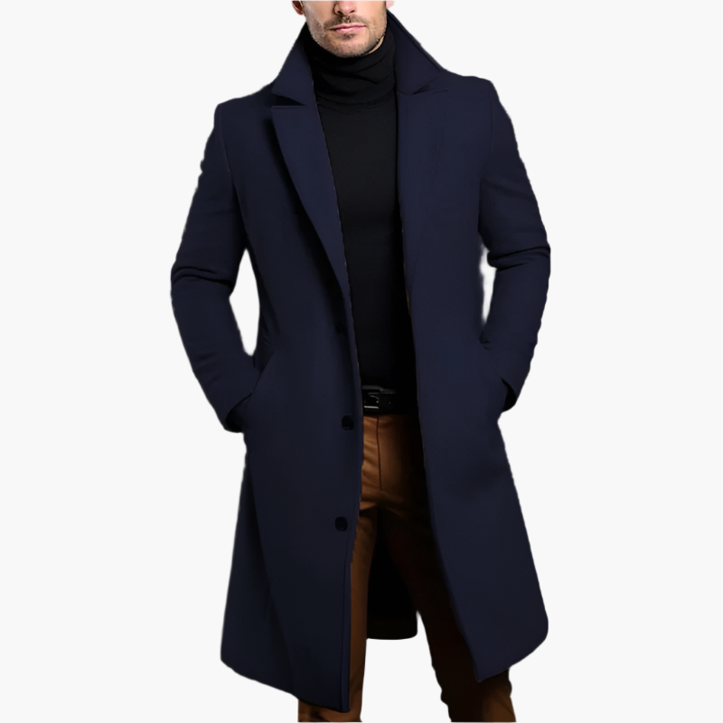 Single breasted long coat for men with notch lapel collar
