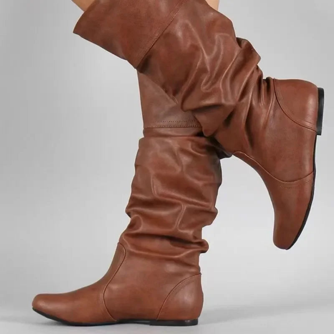Knee high boots for women, flat slouch boots with round toe