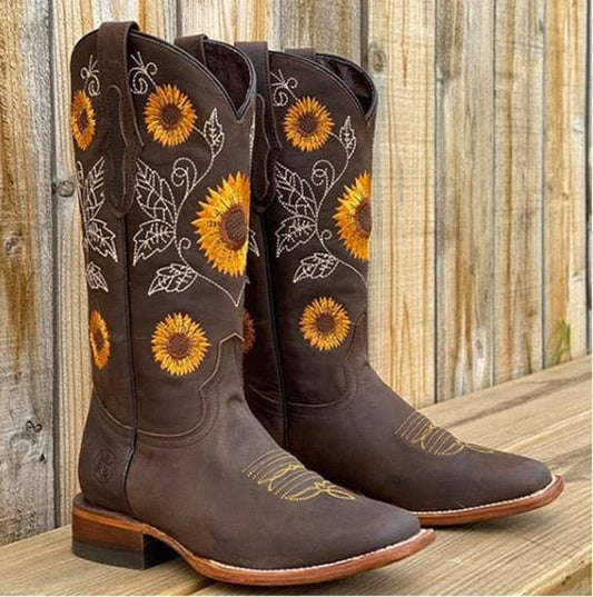 Cowboy boots for women with sunflower embroidery and square toe