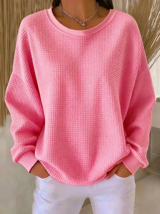 Women's sweaters, waffle knit crew neck pullover with long sleeves