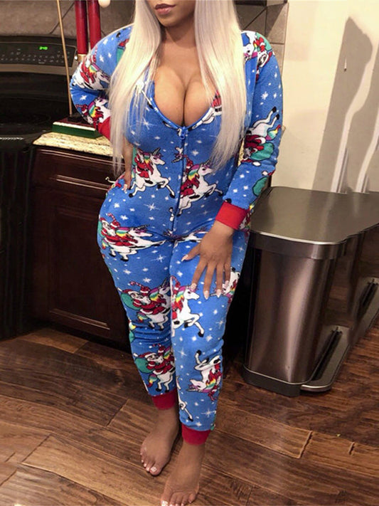 Christmas pajamas onesie with zip front and back flap for women