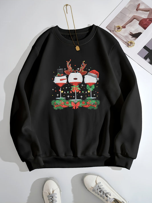 Womens Christmas sweater crew neck sweatshirt with wine glass print