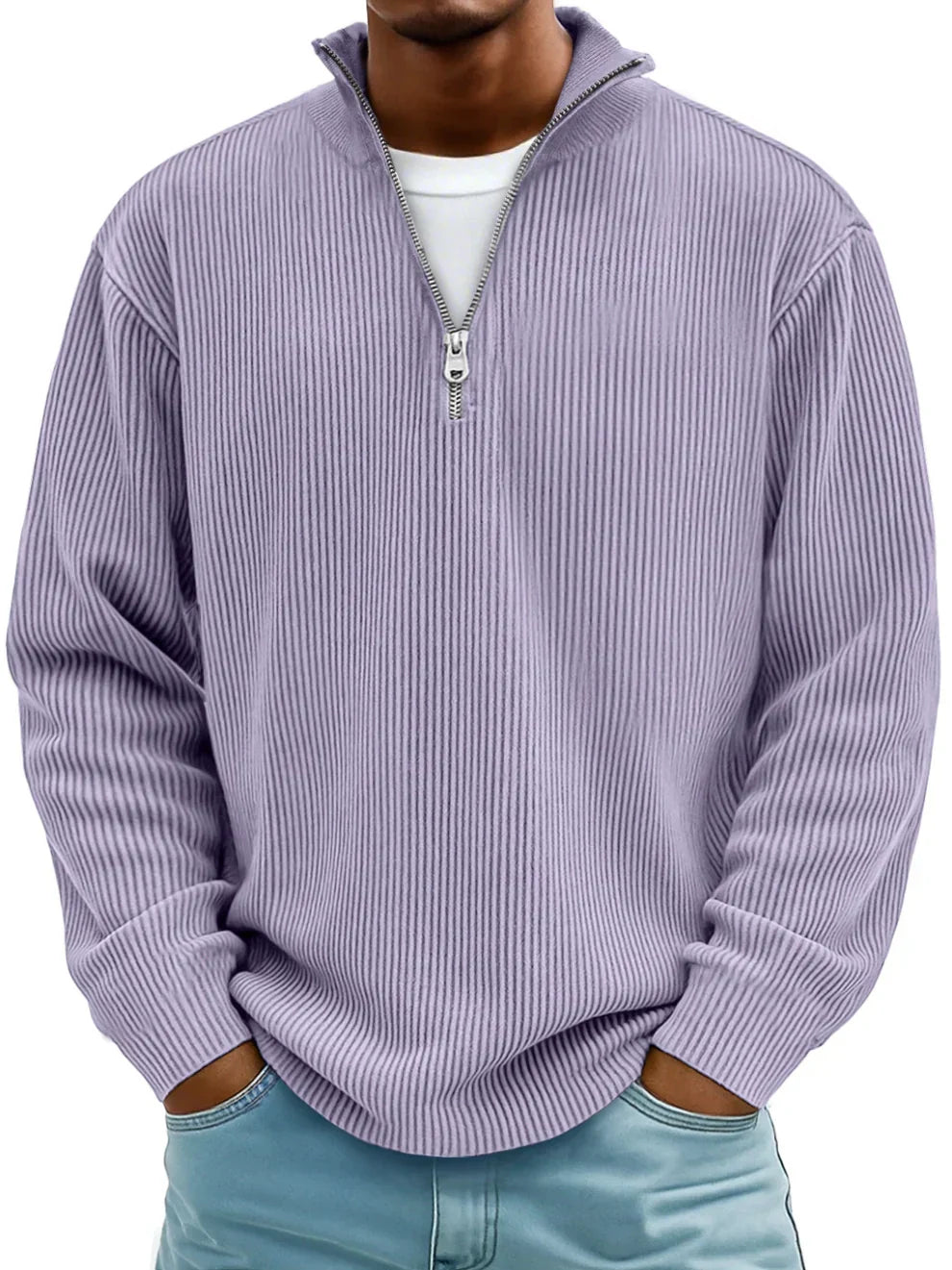 Quarter zip sweater for men with ribbed knit and stand collar