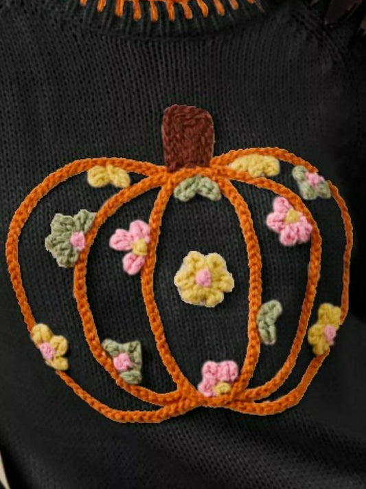 Women's sweaters with pumpkin floral embroidery and round neck