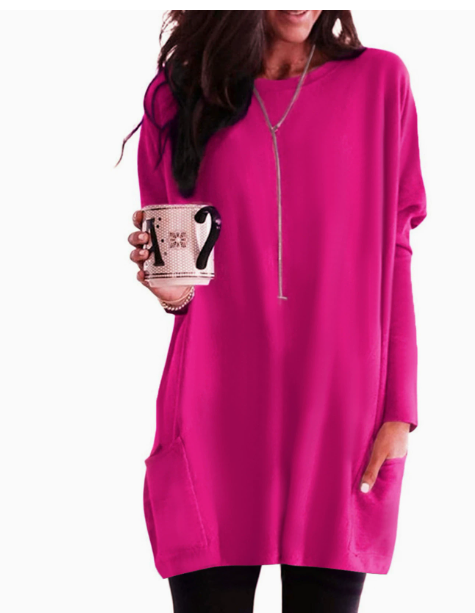 Sweater dress for women with front patch pockets, oversized fit and crew neck