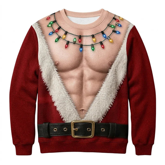 Ugly Christmas sweater for men, funny Santa crewneck with printed lights