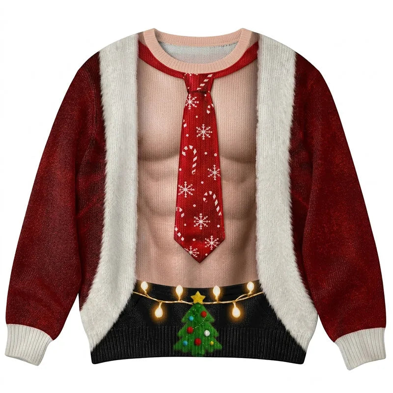 Ugly Christmas sweater for men, funny Santa crewneck with printed lights