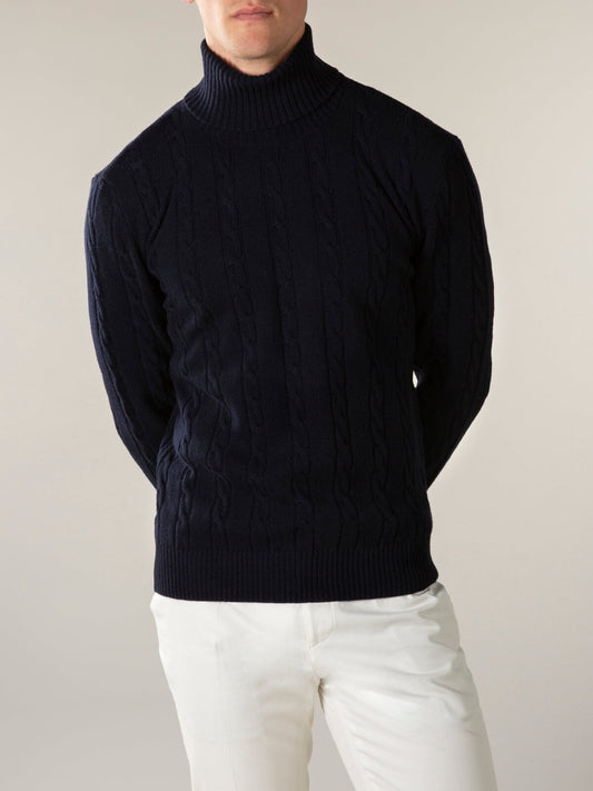 Men's cable knit turtleneck sweater with long sleeves and ribbed trim