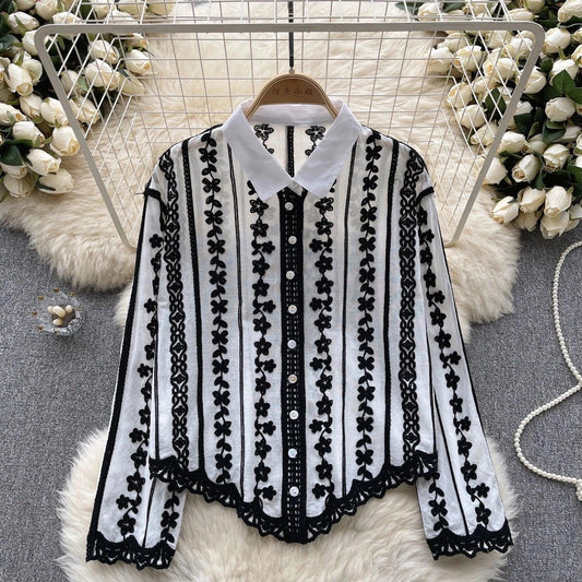 Button down shirts for women with floral embroidery and collar