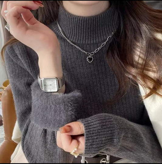 Women's sweaters, fleece lined mock neck pullover with ribbed knit