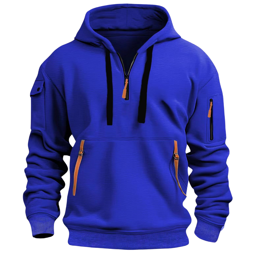 Mens hoodies with half zip and zip pockets, drawstring hood