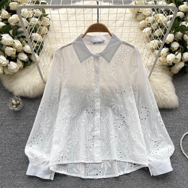 Eyelet shirts for women with button down front, relaxed fit and curved high low hem