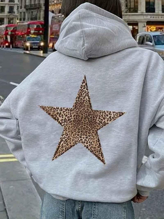 Hoodies for women with oversized fit and leopard print star on back