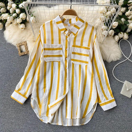 Striped shirts for women with long sleeves and chest pockets