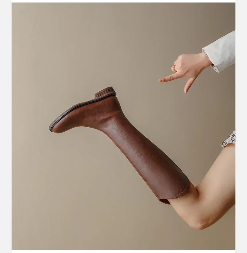 Knee high boots for women with low heel and square toe