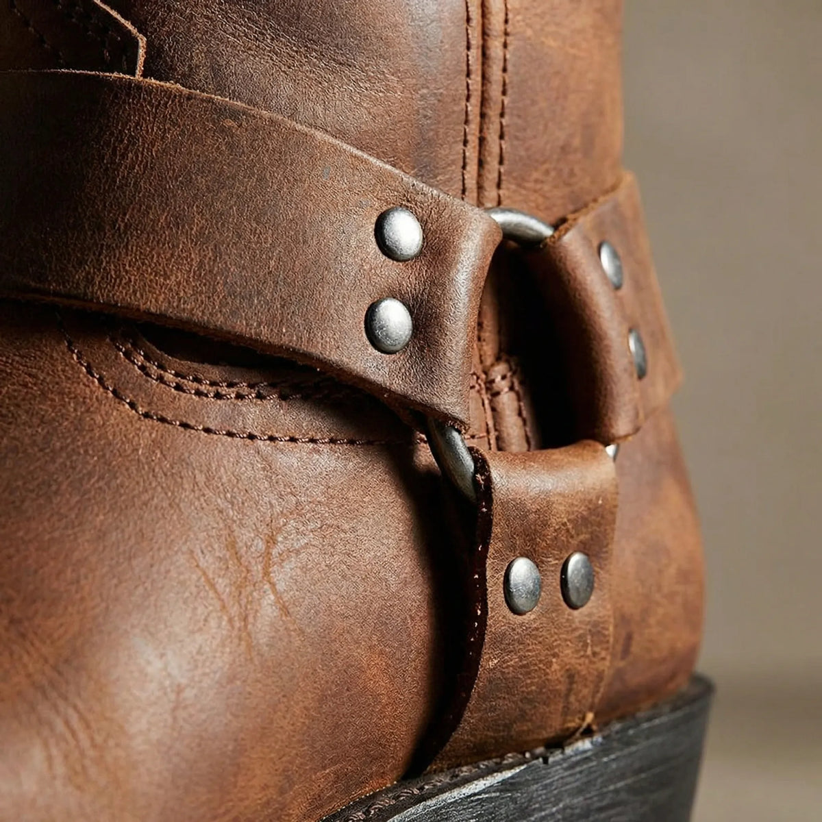 Men's boots with harness strap and block heel, slip on ankle boots