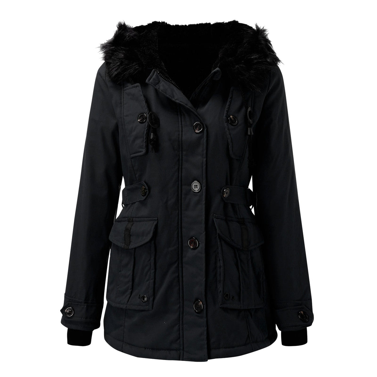 Hooded puffer jacket for women with faux fur trim and drawstring waist