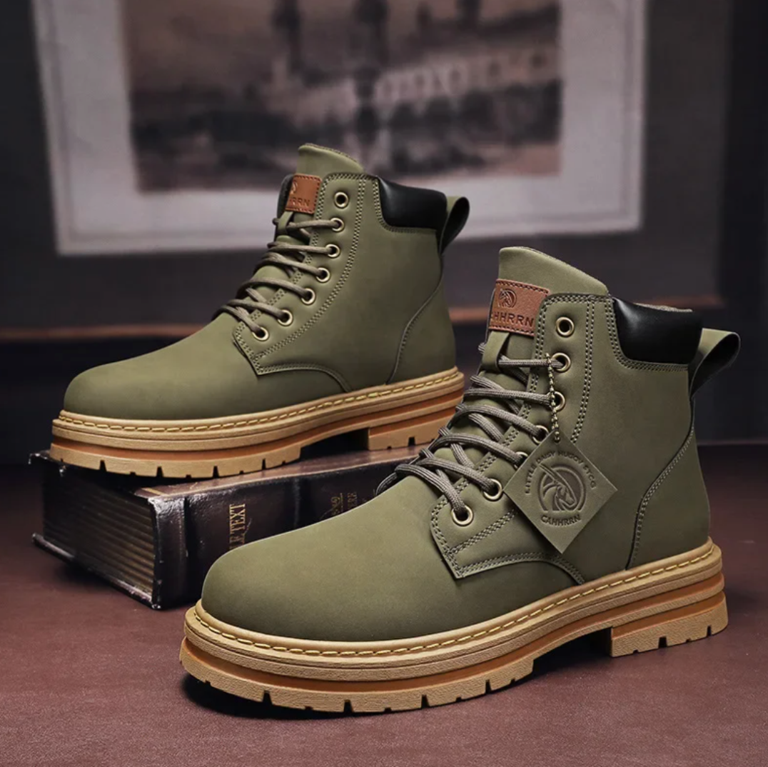 Men's boots with ankle high lace up front and chunky lug sole