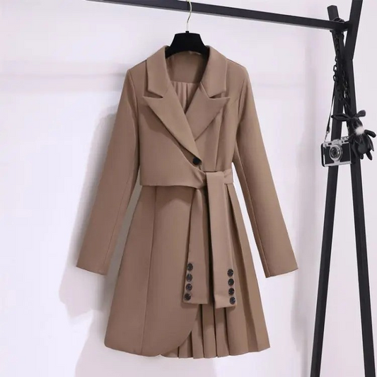 Women's belted coat with pleated hem and notch lapel collar