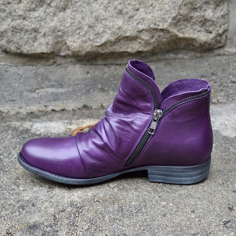 Chelsea boots for women with ruched slouchy shaft, side zip and low block heel