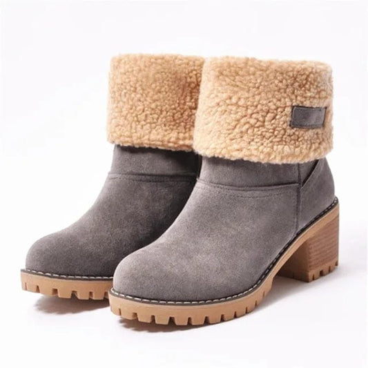 Women's winter boots with chunky block heel and fold over cuff