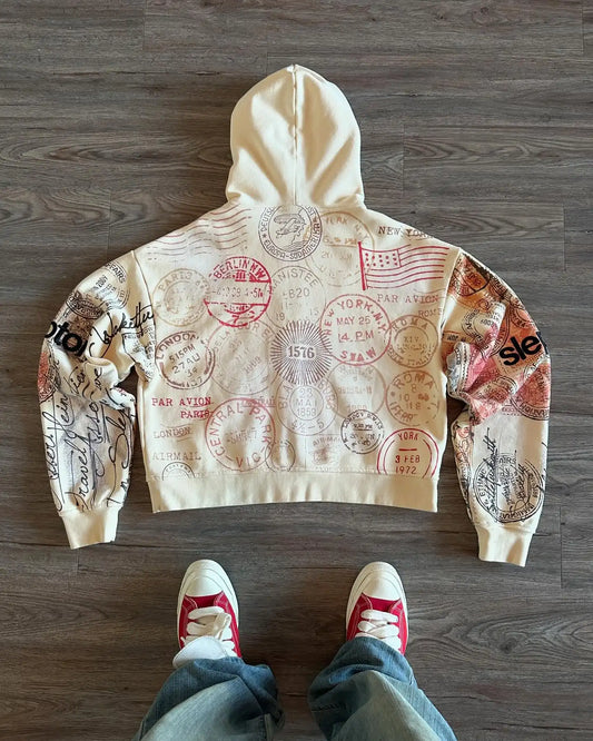 Zip up hoodies for women with oversized fit and all-over stamp print