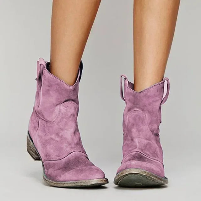 Ankle cowboy boots for women with pull tabs, pointed toe and low block heel