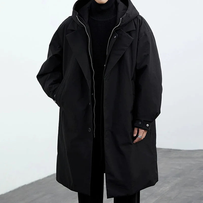 Oversized long coat for men with hood and lapel collar