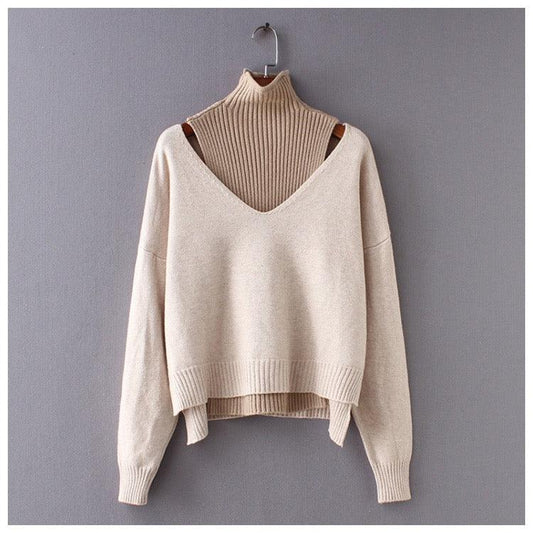 Women's sweaters with layered turtleneck and V-neck design