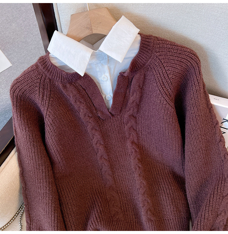 Women's sweaters with attached collar and cable knit V-neck
