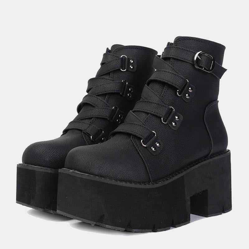Platform ankle boots for women with buckle straps and chunky sole
