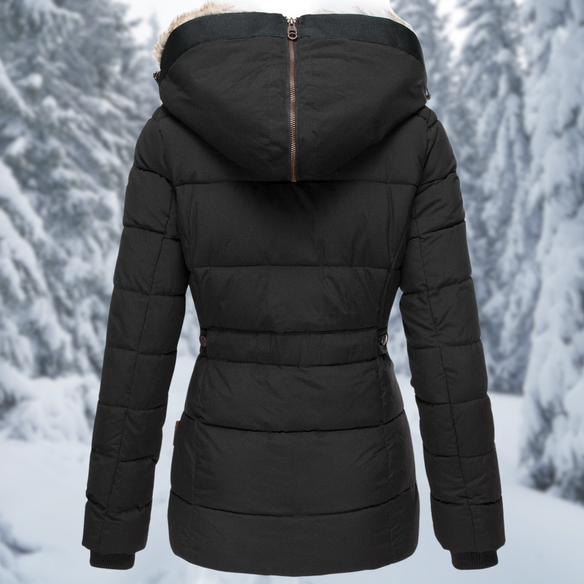 Womens puffer jacket with hood, zip and snap button front for winter