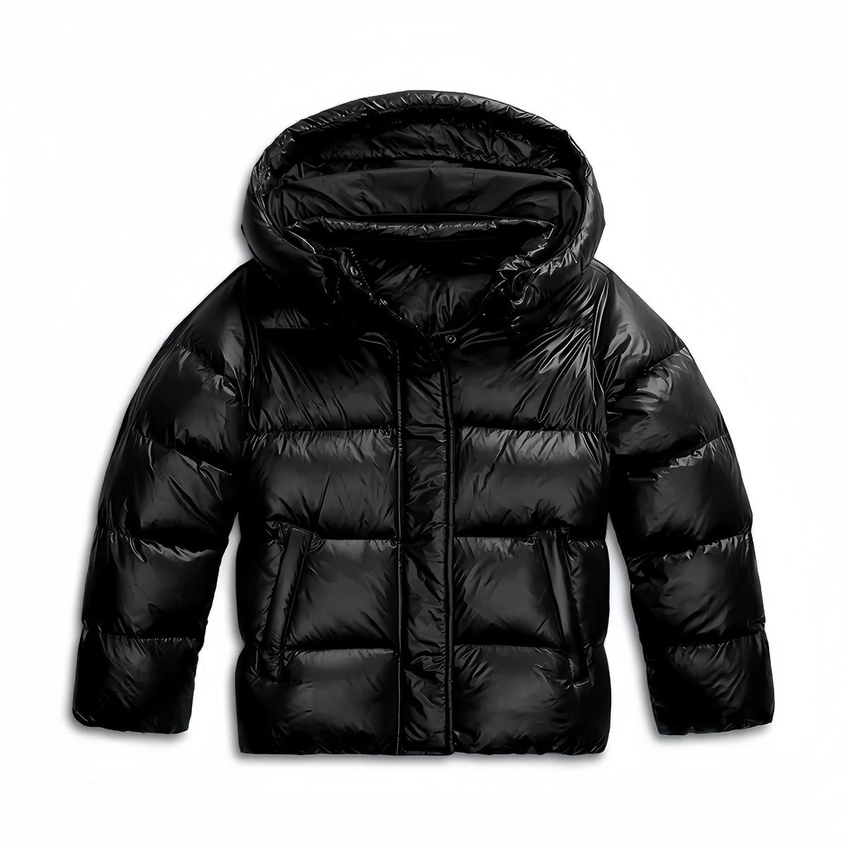 Womens puffer jacket with hood, full zip and side pockets