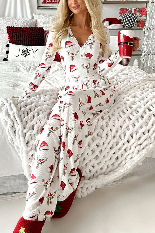 Christmas pajamas for women with Santa hat print, button neck and wide leg