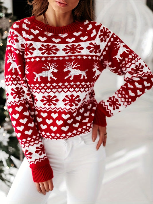 Womens christmas sweater with reindeer and snowflake print, crew neck