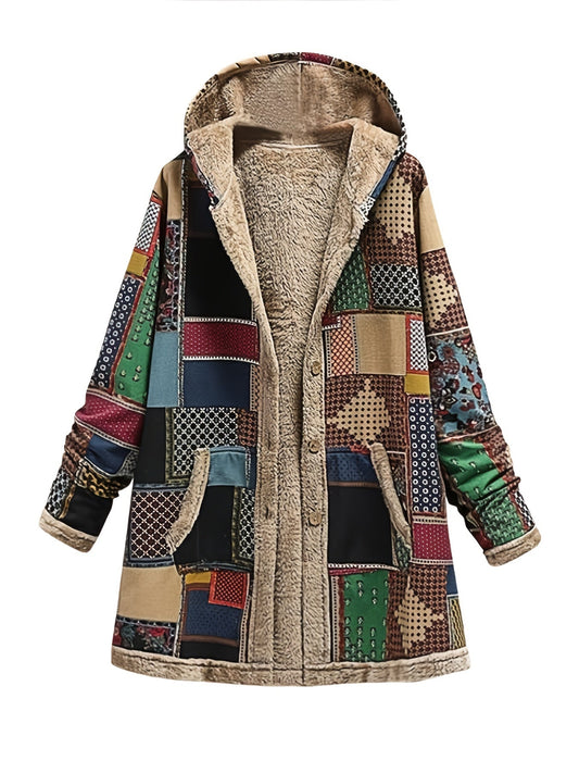 Button up hooded jacket for women with patchwork print and pockets