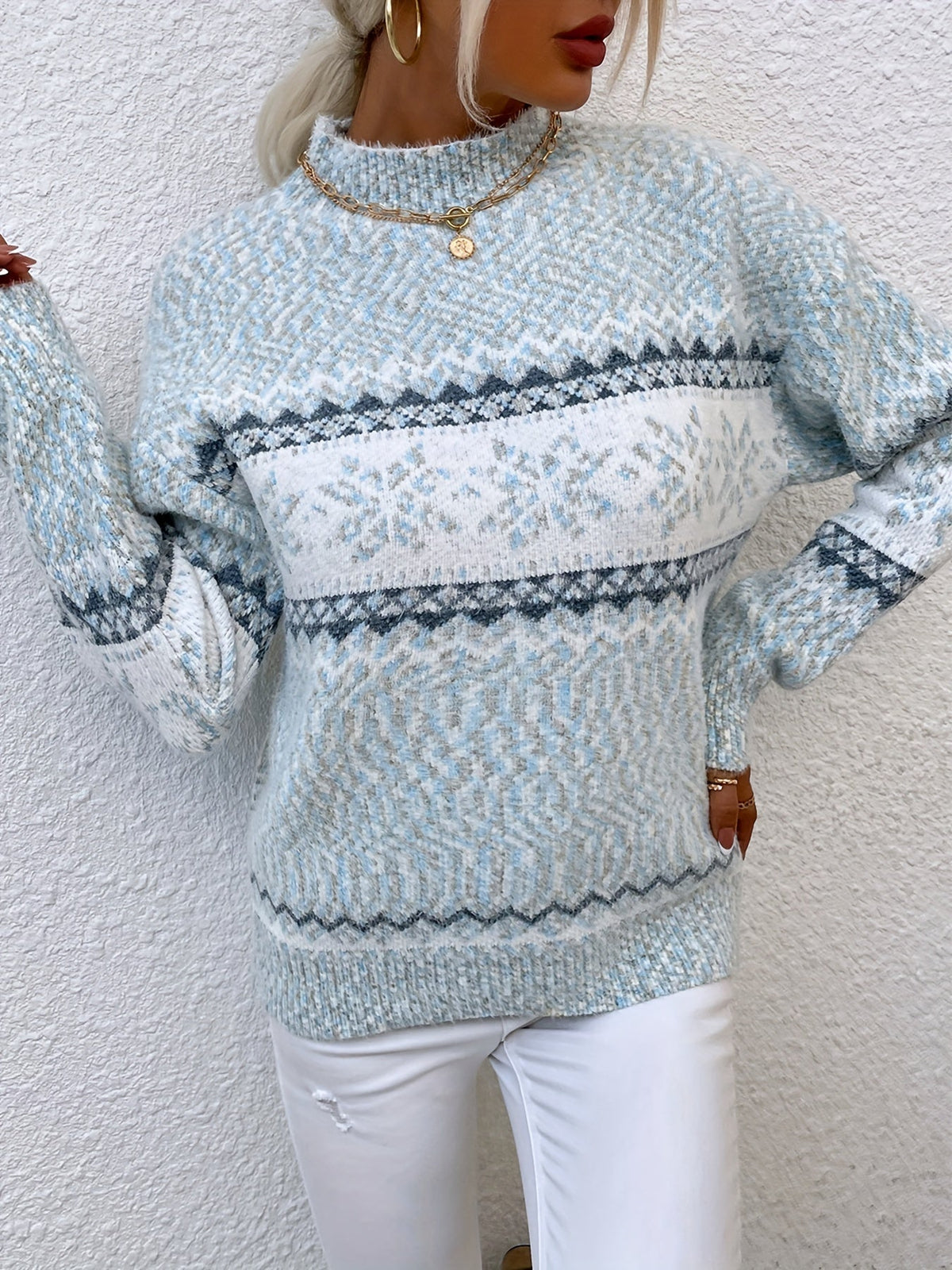Womens Christmas sweater with snowflake pattern and mock neck