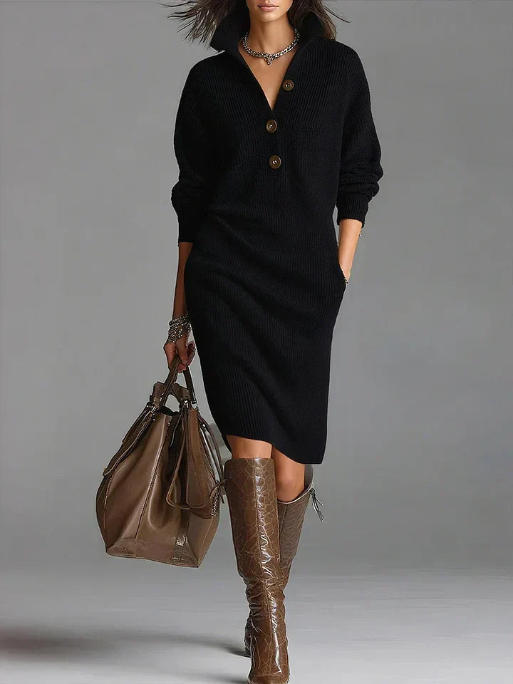Women's button front sweater dress with collar, midi length, ribbed knit