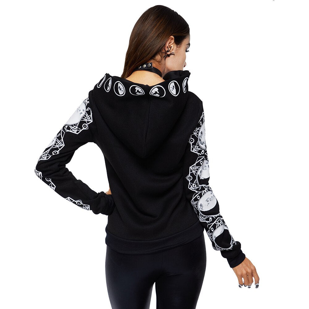 Zip up hoodies for women with moon print sleeves and oversized hood