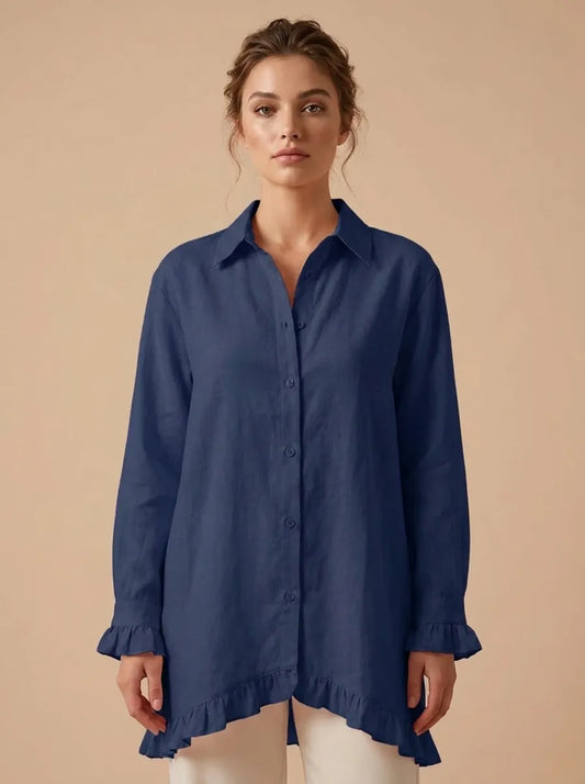 Women's shirts with ruffle cuffs and high low hem, button down tunic