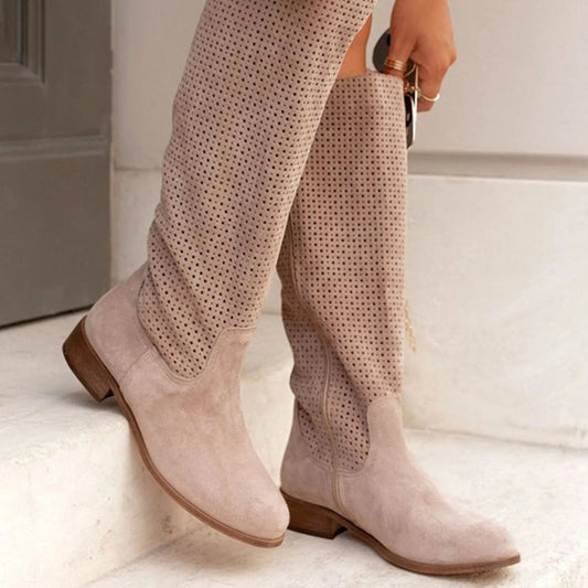Knee high boots for women with side zip and low heel