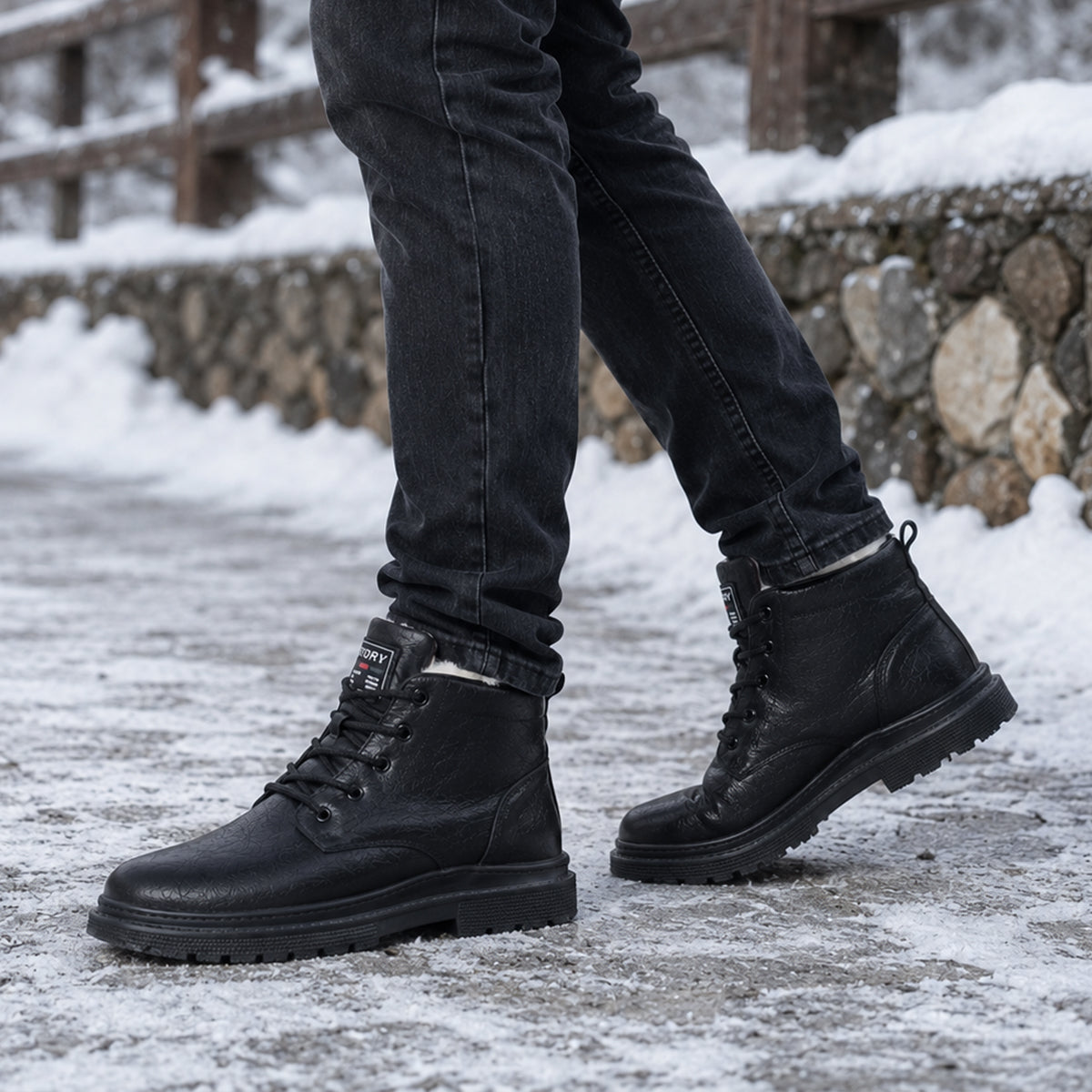 Men's boots with round toe, lace up front and contrast stitching
