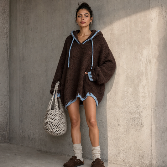 Hooded sweater dress for women with V-neck and contrast trim