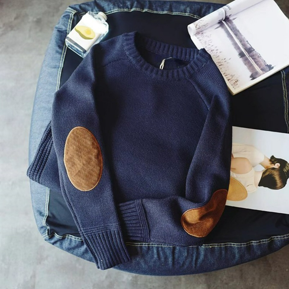 Crew neck sweater for men with elbow patches and ribbed trim