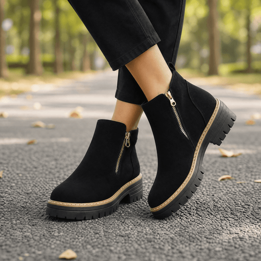 Chelsea boots for women with side zip, round toe and back pull tab