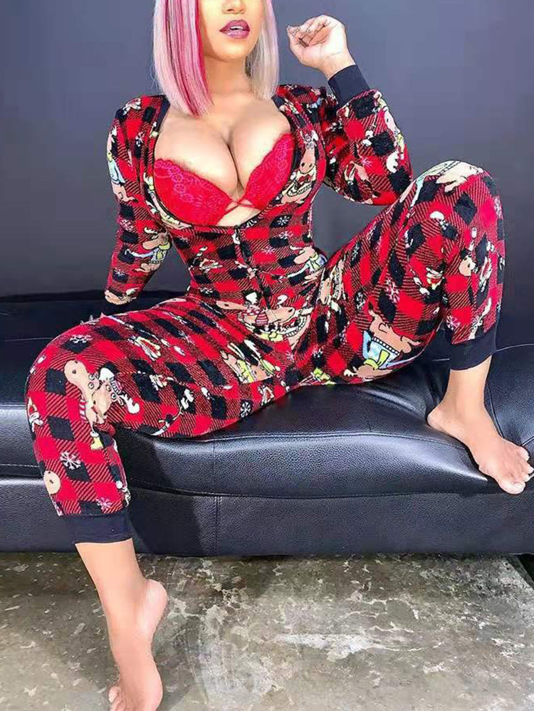 Christmas pajamas onesie with zip front and back flap for women