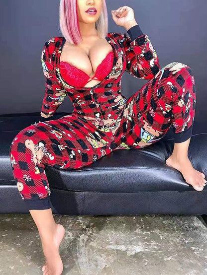 Christmas pajamas onesie with zip front and back flap for women